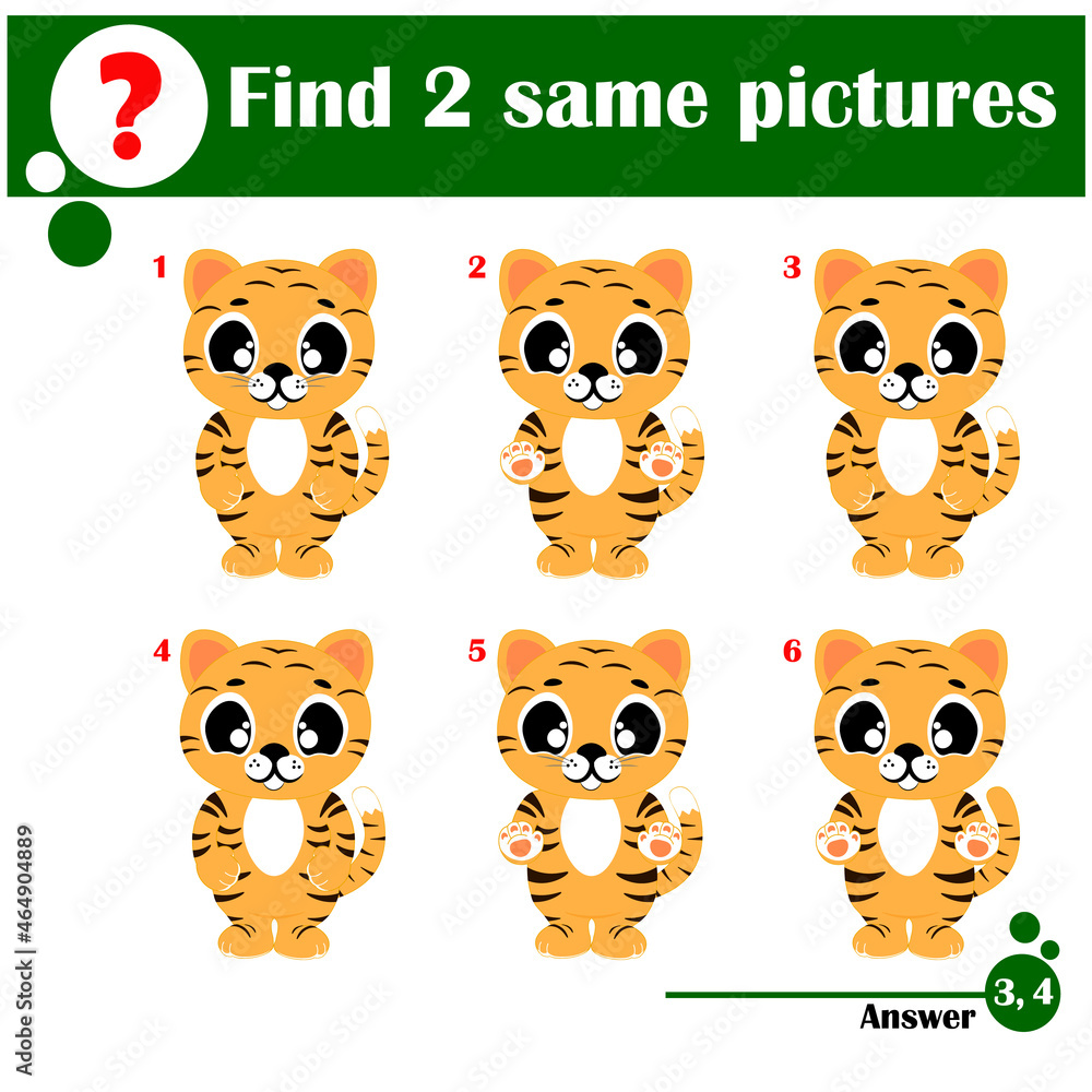 Match pairs. Visual game for kids. Find two identical images. Set of cute tigers Match pairs. Visual game for kids. Find two identical images. Set of cute tigers