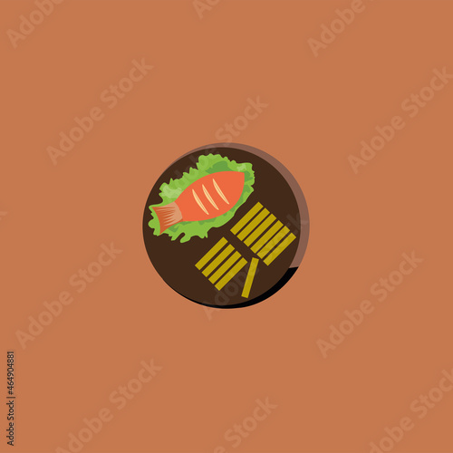 fish and french fries and salad with background