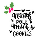 North pole milk and cookies. Christmas hand lettering holiday quote. Modern calligraphy. Greeting cards design elements phrase with holly berry