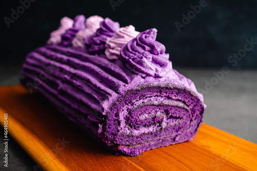 Ube Cake Roll with Whipped Cream Frosting: Roulade made with purple sweet potatoes and whipped cream icing