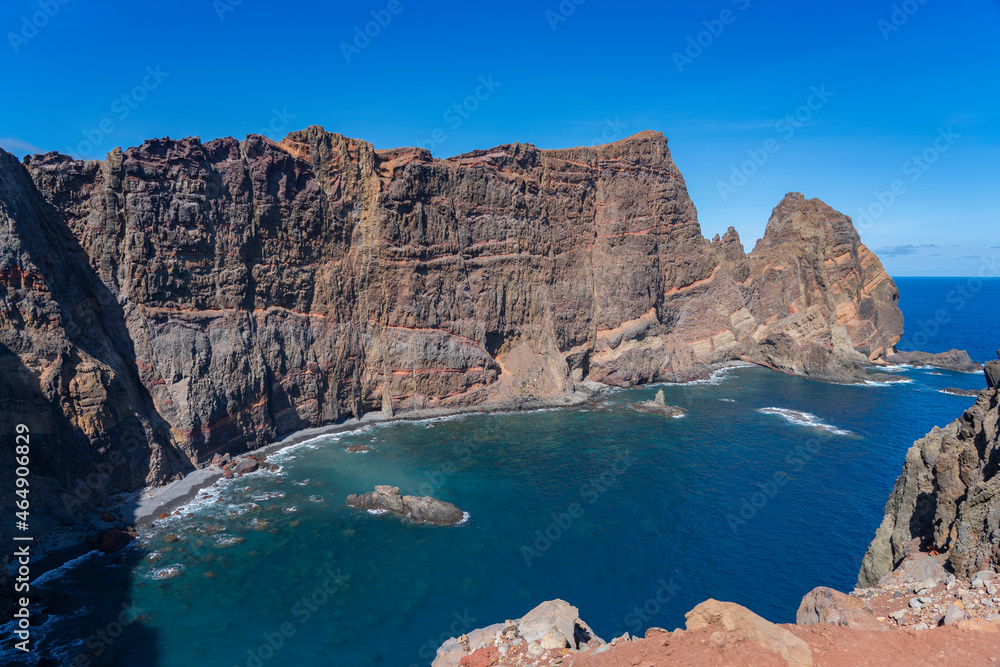 Sao Lourenco, Madeira, Portugal - view of bay and  rocky mountains (cliffs) emerging from the Atlantic ocean during a beautiful sunny day
