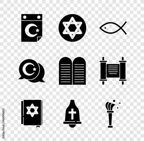 Set Star and crescent, of David, Christian fish, Jewish torah book, Church bell, Aspergillum, and The commandments icon. Vector