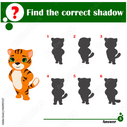 Fototapeta Naklejka Na Ścianę i Meble -  Visual puzzle or picture riddle for kids. Match the picture of a cute tiger to its shadow