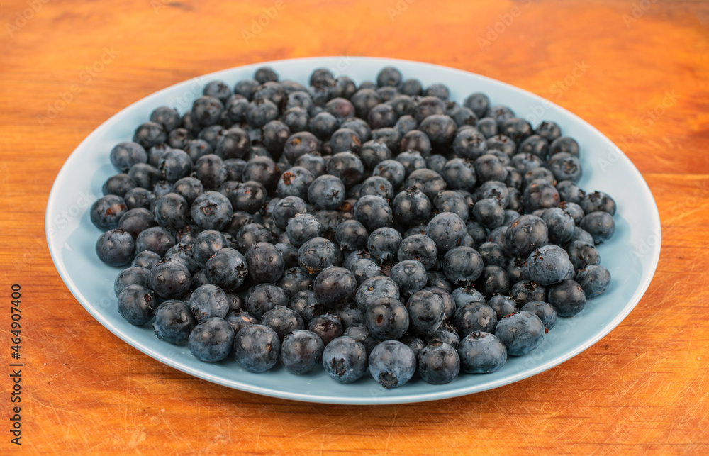 Ripe blueberries in a light blue plate on a wooden table. Ripe blueberries in a light blue plate on a wooden table.