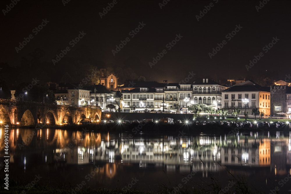 Night photo with water reflection of  Ponte de Lima city