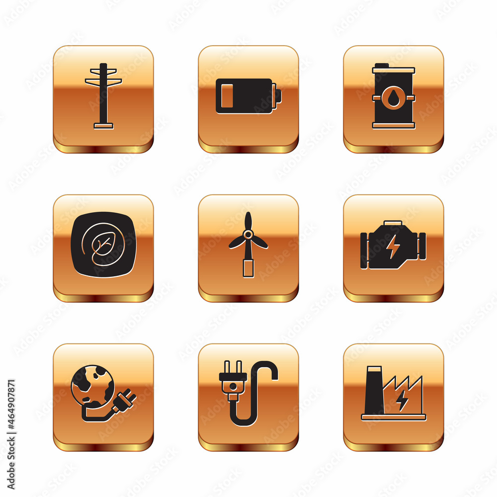 Set Electric tower, Global energy power planet, plug, Wind turbine, Location with leaf, Bio fuel barrel, Nuclear plant and Battery icon. Vector Set Electric tower, Global energy power planet, plug, Wind turbine, Location with leaf, Bio fuel barrel, Nuclear plant and Battery icon. Vector