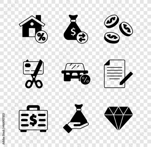 Set House with percant discount, Money bag, Coin money dollar, Briefcase and, hand, Diamond, Scissors cutting credit card and Car leasing percent icon. Vector