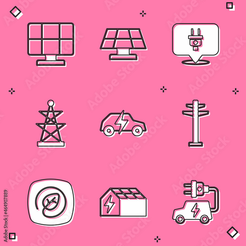 Set Solar energy panel, Electric plug, tower, car, Location with leaf and icon. Vector