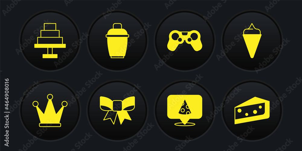 Set Crown, Ice cream in waffle cone, Gift bow, Slice of pizza, Gamepad, Cocktail shaker, Piece cake and Cake icon. Vector Set Crown, Ice cream in waffle cone, Gift bow, Slice of pizza, Gamepad, Cocktail shaker, Piece cake and Cake icon. Vector