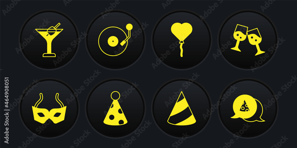 Set Festive mask, Glass of champagne, Party hat, Balloons in form heart, Vinyl player with disk, Slice pizza and Martini glass icon. Vector Set Festive mask, Glass of champagne, Party hat, Balloons in form heart, Vinyl player with disk, Slice pizza and Martini glass icon. Vector
