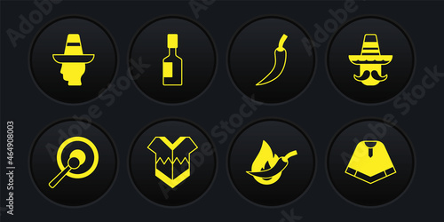 Set Gong, Mexican man sombrero, Poncho, Hot chili pepper pod, Tabasco sauce, and icon. Vector