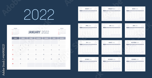 Year 2022 monthly calendar. Week starts Sunday. Vector template.