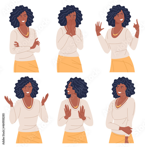 Young woman gesture set.