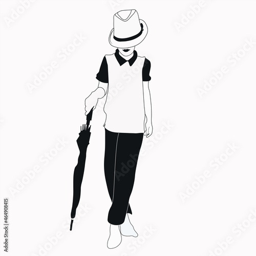 Vector illustration of the silhouette of a boy. Monochrome image of a business gentleman with an umbrella.