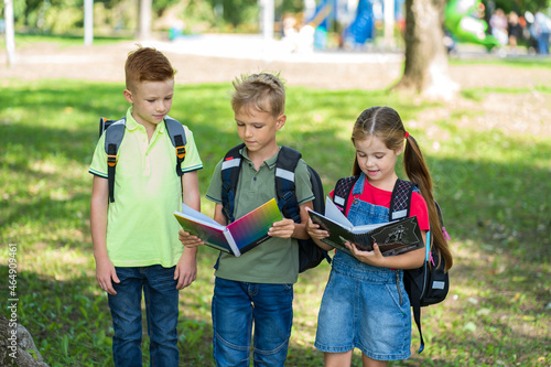 Three schoolchildren are standing in the park and discussing homework