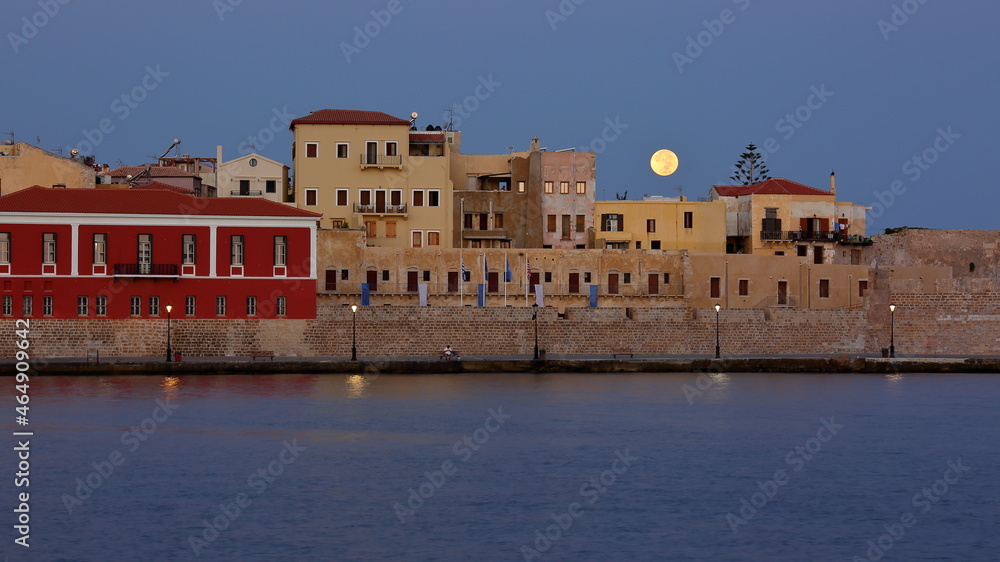 view of the old town in Chania, Crete, full moon early morning