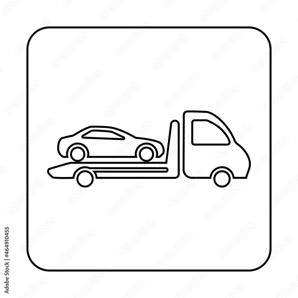 Tow truck icon made from thin lines. The car is on a tow truck