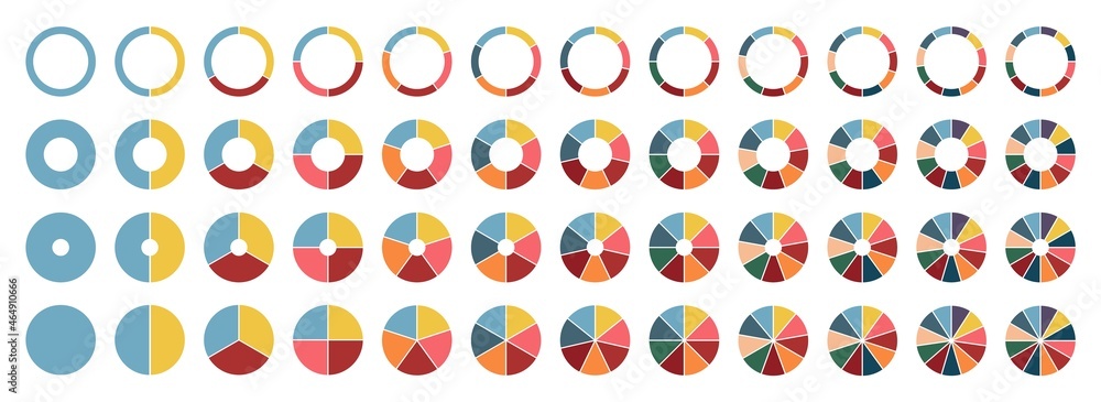 Circle pie chart. 2,3,4,5,6,7,8,9,10,11,12 sections or steps. Flat process cycle. Progress sectors. Circle pie chart. 2,3,4,5,6,7,8,9,10,11,12 sections or steps. Flat process cycle. Progress sectors.