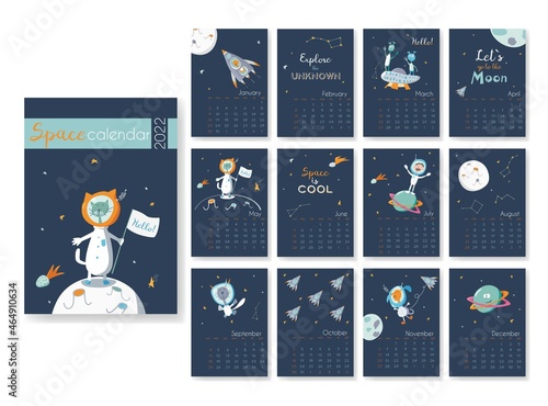 Space Calendar 2022 for kids. Templates with space theme design. Cute funny animals in space: cat, dog, man, aliens. UFO. Week Starts on Sunday. Set of 12 Months calendars. For kids, nursery, print