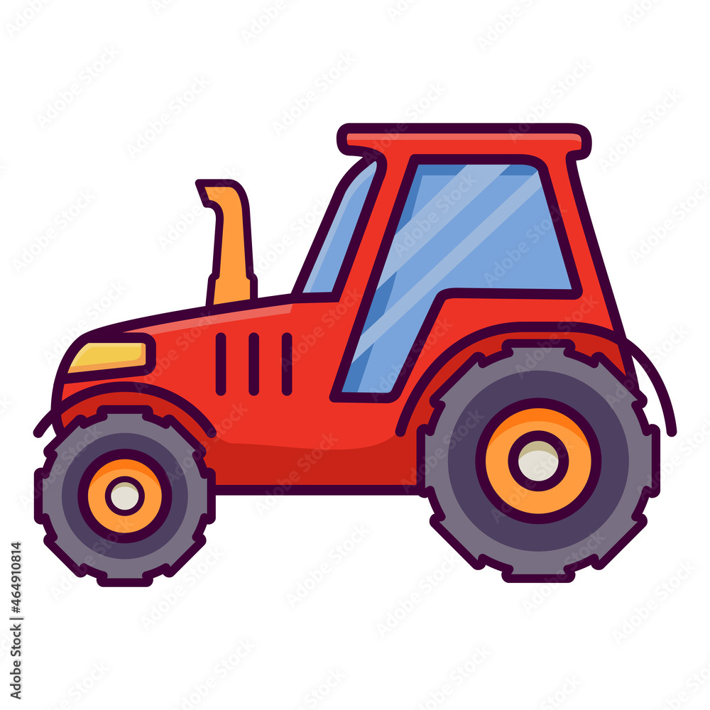 Farm red tractor.Isolated on white background.Rural transport.Line art cartoon vector illustration. Farm red tractor.Isolated on white background.Rural transport.Line art cartoon vector illustration.
