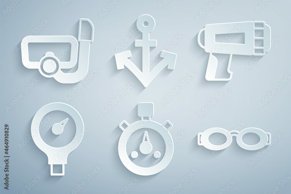 Set Stopwatch, Flashlight for diver, Gauge scale, Glasses swimming, Anchor and Diving mask with snorkel icon. Vector Set Stopwatch, Flashlight for diver, Gauge scale, Glasses swimming, Anchor and Diving mask with snorkel icon. Vector