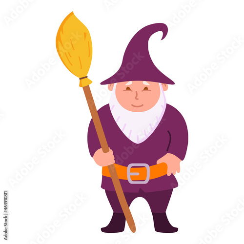  Halloween gnome with broom and beard ,hat .Trick or treat. Vector flat illustration.Isolated on white background.