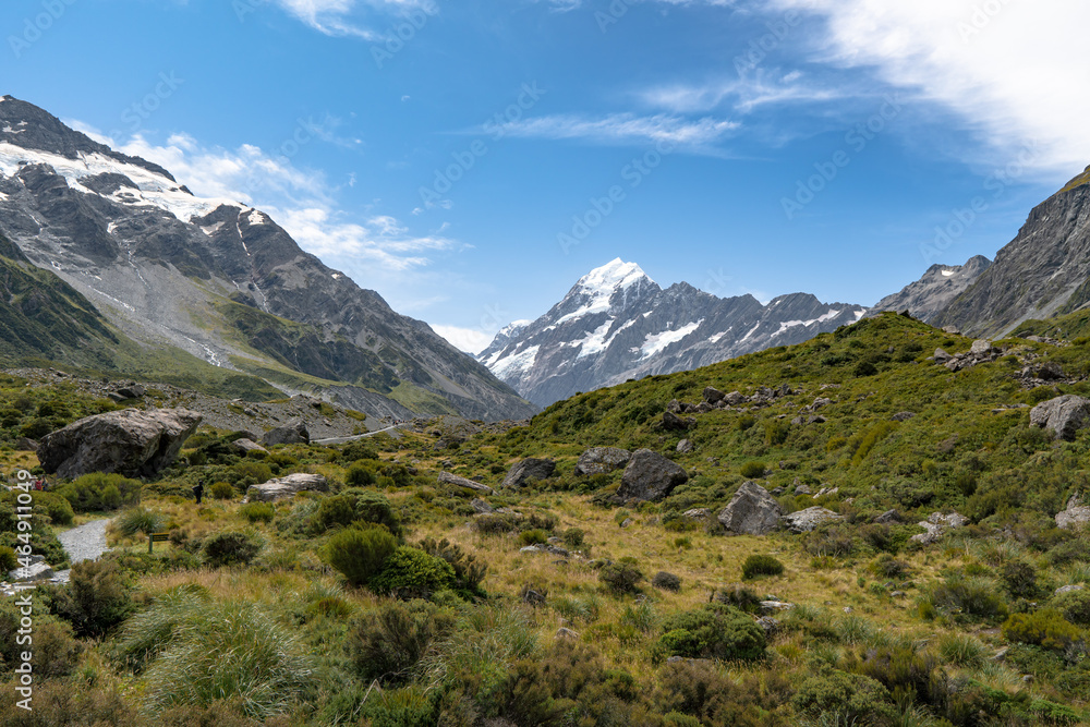 Pathway through Hooker Valley Track in Aoraki Mt Cook National park towards NZ highest mountain in the Southern Alps