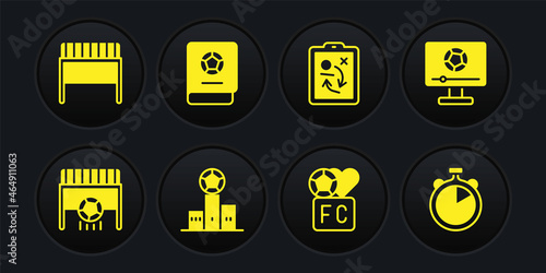 Set Football goal with ball, match on TV, Award over sports winner podium, Fan club football, Planning strategy concept, learning book, Stopwatch and icon. Vector