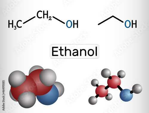 Ethanol, C2H5OH molecule. It is a primary alcohol, an alkyl alcohol. Structural chemical formula and molecule model.