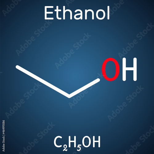 Ethanol, C2H5OH molecule. It is a primary alcohol, an alkyl alcohol. Structural chemical formula on the dark blue background