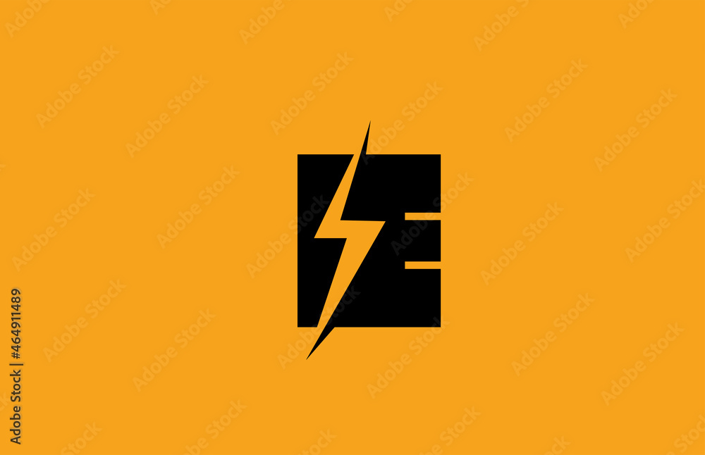 E black yellow alphabet letter logo icon. Electric lightning design for power or energy business E black yellow alphabet letter logo icon. Electric lightning design for power or energy business
