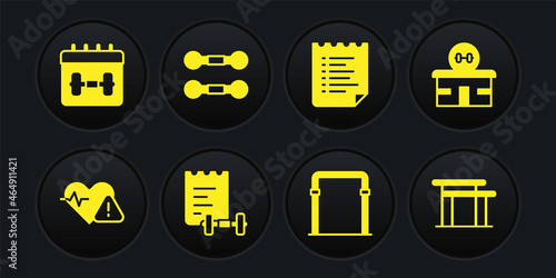 Set Heart rate, Gym building, Sport training program, horizontal bar, Dumbbell, Uneven bars and Calendar fitness icon. Vector
