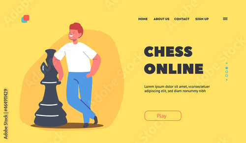 Chess Online Landing Page Template. Boy Stand at Chessboard with Huge Figure. Kid Playing Chess in Club, Logic Activity