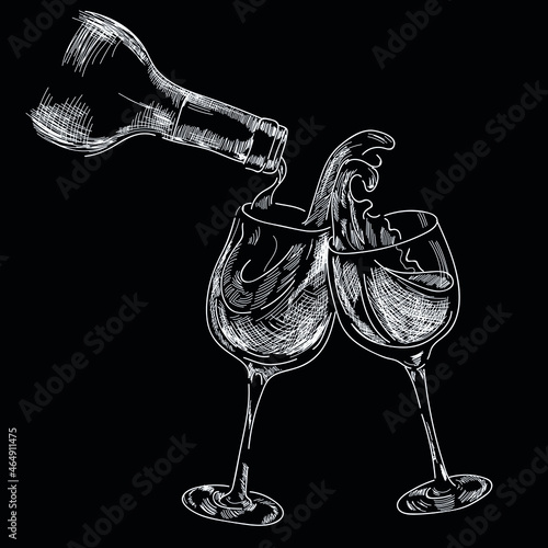 Bottle wine with two glasses, chalk hand drawn isolated on dark background. Concept for logo, menu , cards 