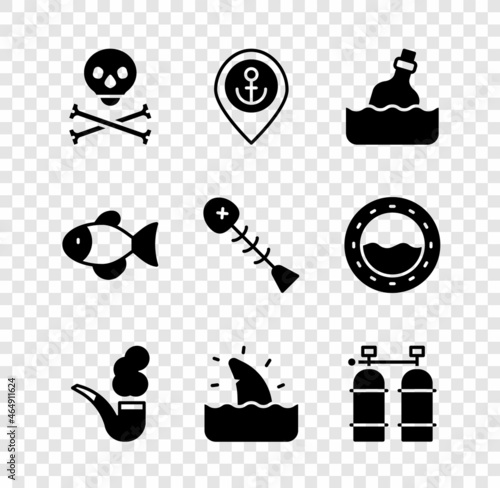 Set Skull on crossbones, Location with anchor, Bottle message in water, Smoking pipe, Shark fin ocean wave, Aqualung, Fish and Dead fish icon. Vector