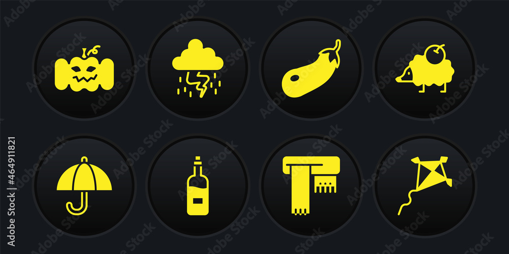 Set Umbrella, Hedgehog, Bottle of wine, Winter scarf, Eggplant, Storm, Kite and Pumpkin icon. Vector Set Umbrella, Hedgehog, Bottle of wine, Winter scarf, Eggplant, Storm, Kite and Pumpkin icon. Vector