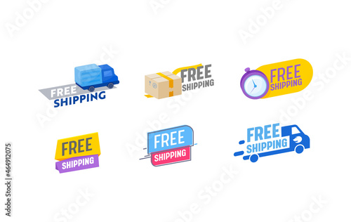 Set Free Shipping Icons or Emblems, Delivery Service, Fast Cargo Transportation to Customer. Freight Logistics Badges