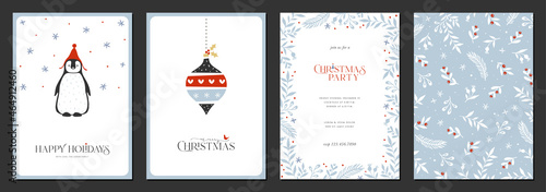 Merry and Bright Holiday cards. Modern creative universal artistic templates with Christmas Ornament, penguin, birds, floral frames and backgrounds.