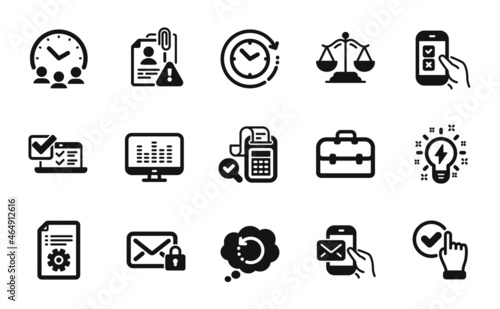 Vector set of Inspiration, Online survey and Mobile survey icons simple set. Bill accounting, Messenger mail and Secure mail icons. Search employee, Portfolio and Checkbox signs. Vector