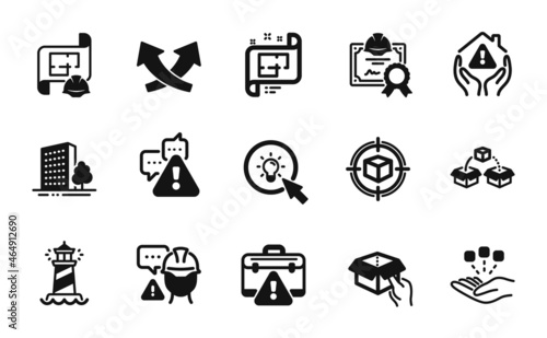Vector set of House protection, Parcel tracking and Energy icons simple set. Buildings, Warning briefcase and Lighthouse icons. Parcel shipping, Hold box and Consolidation signs. Vector