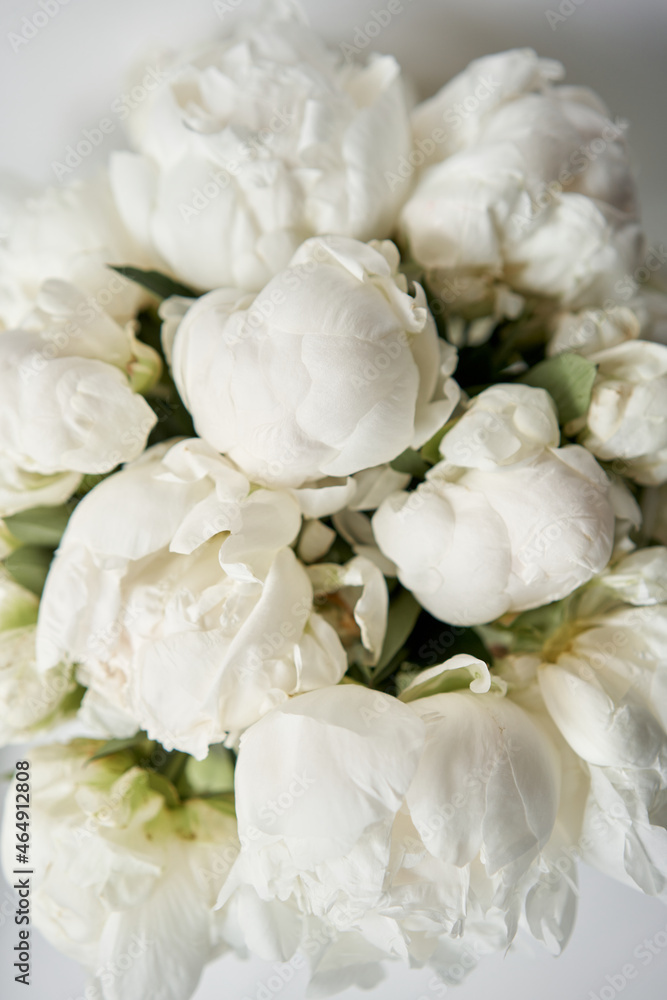 White peonies in a glass vase. Beautiful peony flower for catalog or online store. Floral shop concept . Beautiful fresh cut bouquet. Flowers delivery White peonies in a glass vase. Beautiful peony flower for catalog or online store. Floral shop concept . Beautiful fresh cut bouquet. Flowers delivery