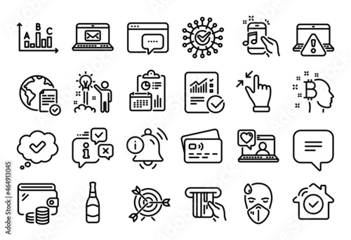 Vector set of Credit card, Seo message and Target line icons set. Calendar report, Money wallet and Credit card tag. Online voting, E-mail and Music phone icons. Vector