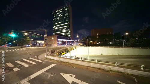 Establishing shot of tunnel road in New York City Manhattan. Concept of American modern urban life, NYC business work lifestyle. Low angle drone view  photo