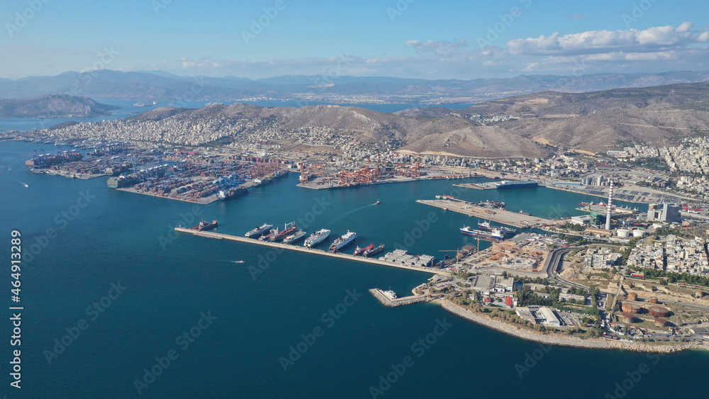 Aerial drone photo of logistics and container terminal of Perama near commercial port of Piraeus, Attica, Greece