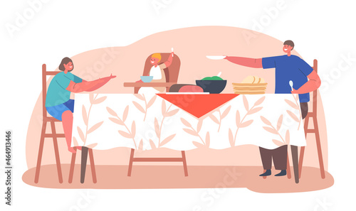 Hungry Family Eating Dinner. Little Baby, Boy and Girl Characters Sitting at Table on Kitchen with Food and Utensils