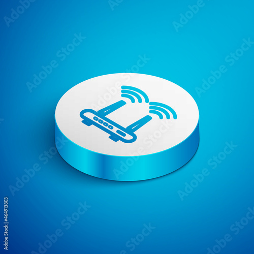 Isometric line Router and wi-fi signal icon isolated on blue background. Wireless ethernet modem router. Computer technology internet. White circle button. Vector