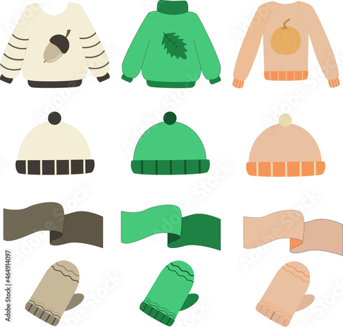 Warm outerwear set. Sweater, hat, gloves, scarf on a white background. Vector illustration