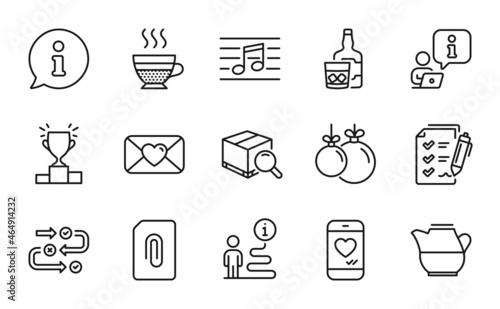 Line icons set. Included icon as Whiskey glass, Valentine, Musical note signs. Winner podium, Attachment, Milk jug symbols. Survey checklist, Christmas ball, Cafe creme. Survey progress. Vector