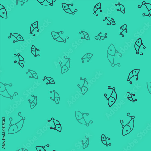 Black line Fishing lure icon isolated seamless pattern on green background. Fishing tackle. Vector