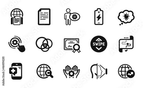 Vector set of Employee hand, Certificate and Cogwheel settings icons simple set. International Ð¡opyright, World statistics and Cogwheel icons. Employee hand simple web symbol. Vector